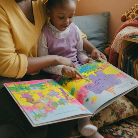 A parent and a young child reading a colorful picture book together in a cozy corner