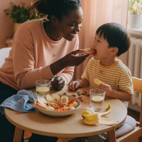 A caregiver and a young child enjoying a healthy snack together at a small table in warm light