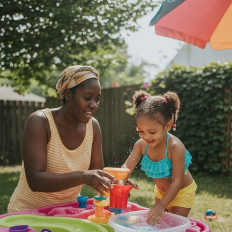 A parent and a young child exploring a colorful water play table outdoors in the sunshine